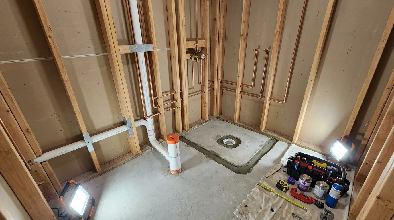 Bathroom rough-in plumbing during remodel by Johns Plumbing LLC in Rosenberg