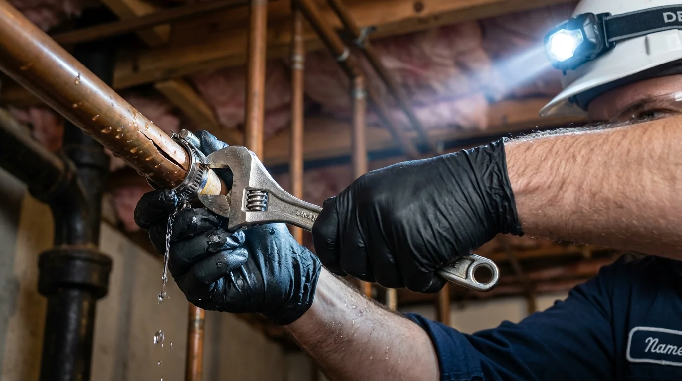 Emergency pipe clamp repair being performed by a Johns Plumbing LLC plumber in Rosenberg