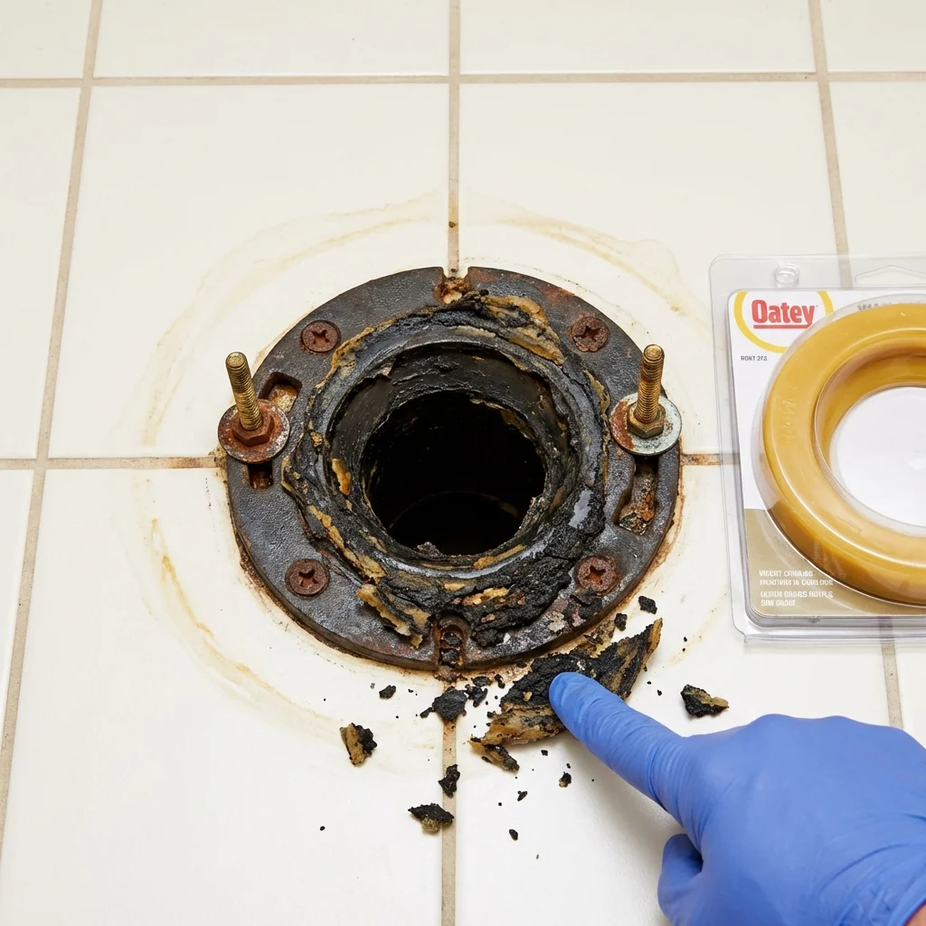 Failed wax ring showing water seepage at the base of a toilet in a Rosenberg, TX home